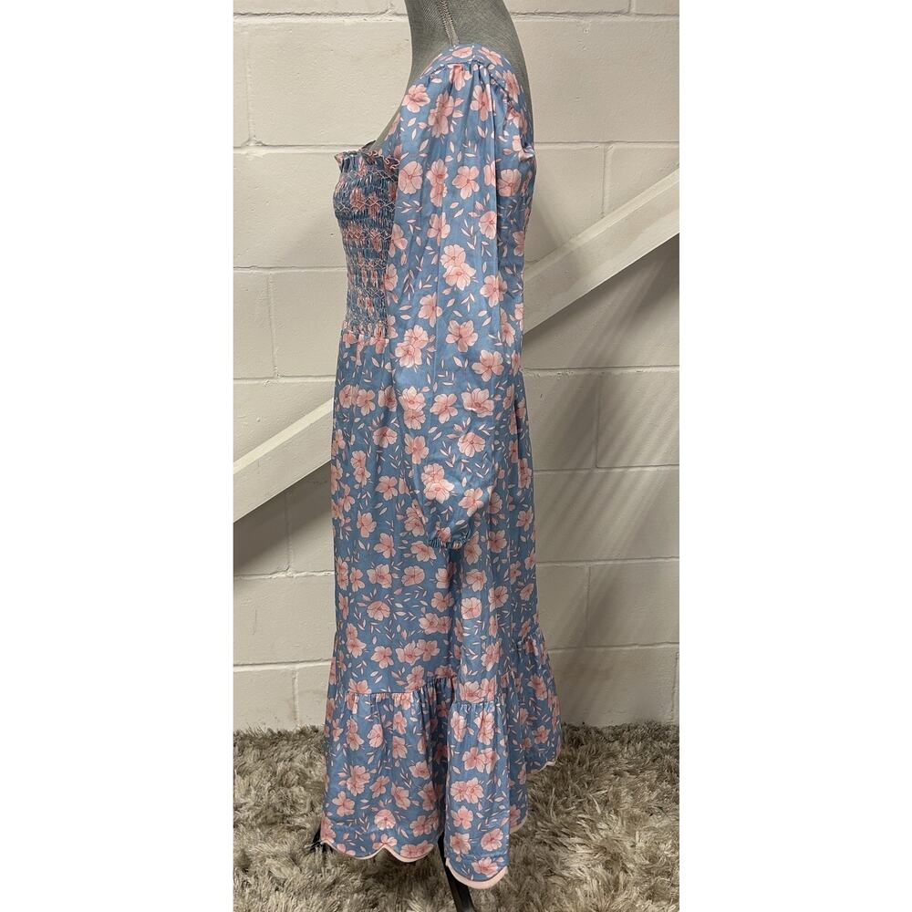 Dondolo Blue Pink Floral Smocked Scallop Hem Midi Dress Woman’s Size Large - Picture 7 of 11
